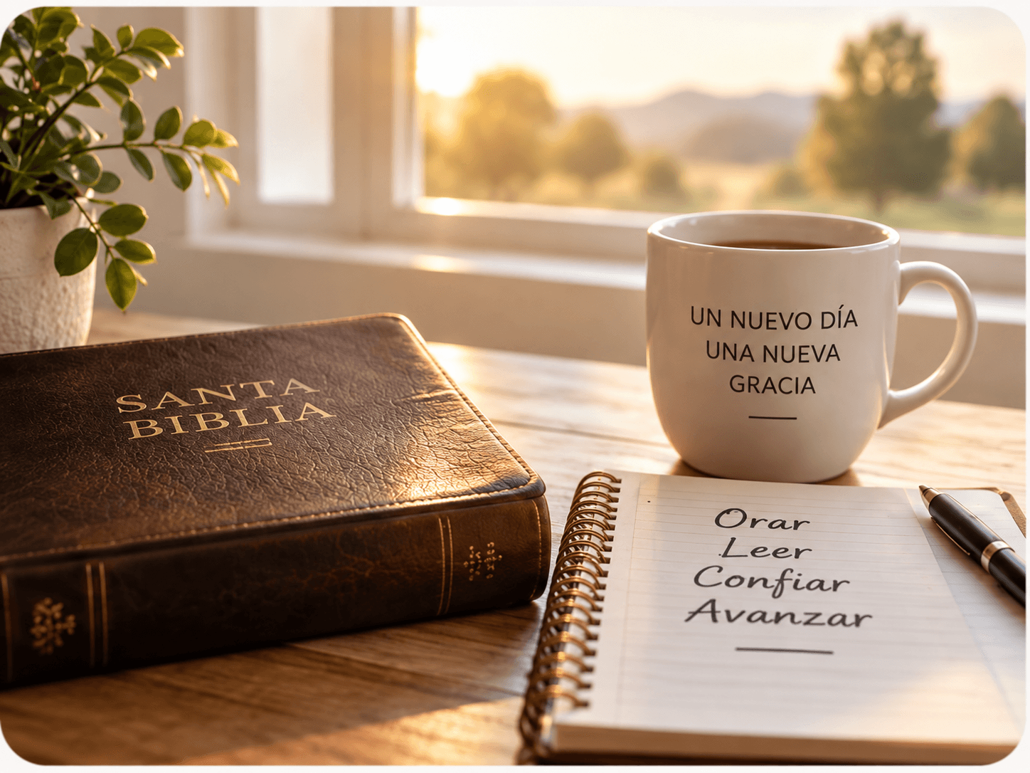 Biblia, taza y cuaderno preparados para un momento devocional
